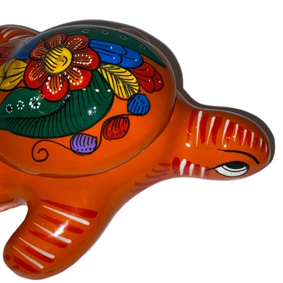 Mexican Pottery Trinket Box Turtle Orange Hand Painted Cancun Red Clay - Picture 3 of 5